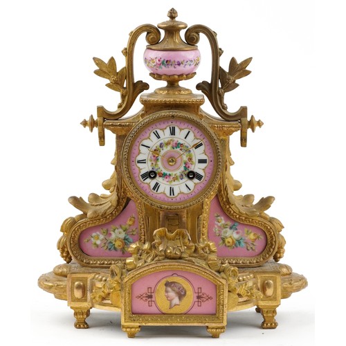 155 - 19th century French ormolu mantle clock striking on a bell having urn finial and Sevres type panels ... 