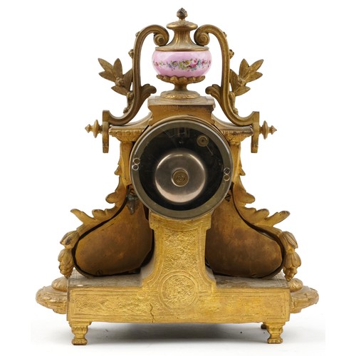 155 - 19th century French ormolu mantle clock striking on a bell having urn finial and Sevres type panels ... 