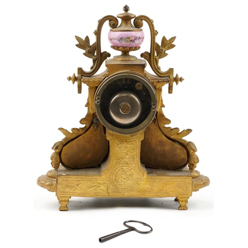 155 - 19th century French ormolu mantle clock striking on a bell having urn finial and Sevres type panels ... 