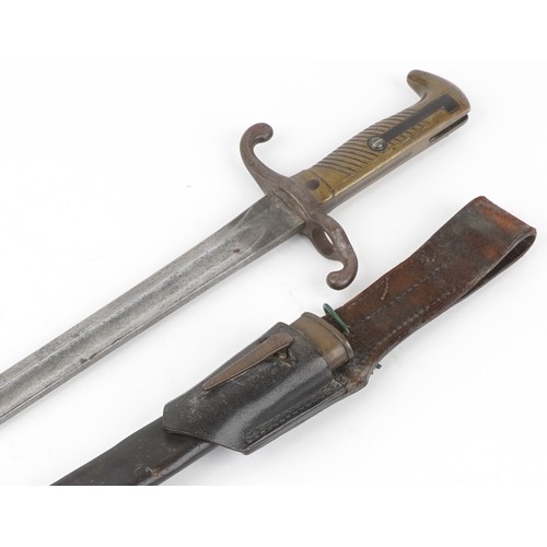 1897 - German military interest bayonet with scabbard and leather frog, the steel blade impressed EBR Weyer... 