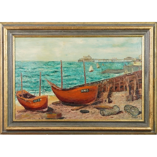 669 - Manner of Julian Trevelyan - Moored boats, post war British oil on board, mounted and framed, 65cm x... 