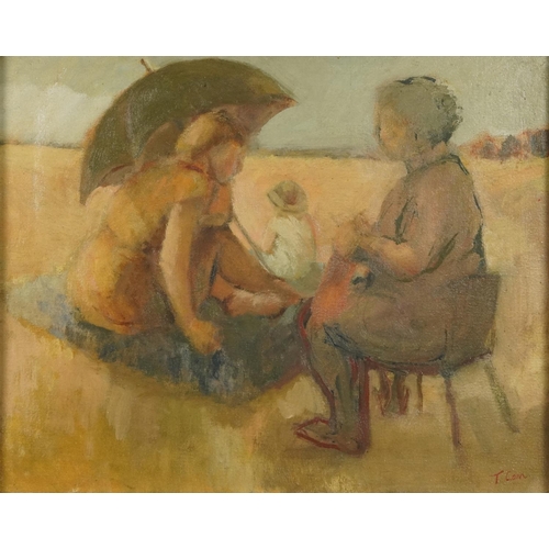 499 - Beach scene with mother and child, post war British oil on canvas, mounted and framed, 50cm x 39cm e... 