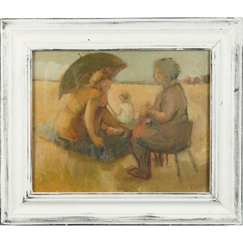 499 - Beach scene with mother and child, post war British oil on canvas, mounted and framed, 50cm x 39cm e... 