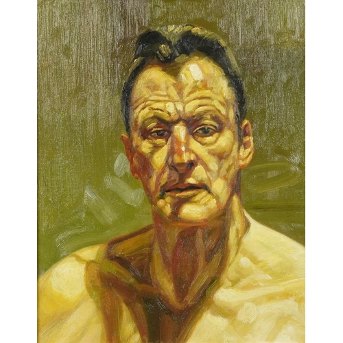 1245 - Head and shoulders portrait of Lucian Freud, Impressionist oil on board, mounted and framed, 50cm x ... 