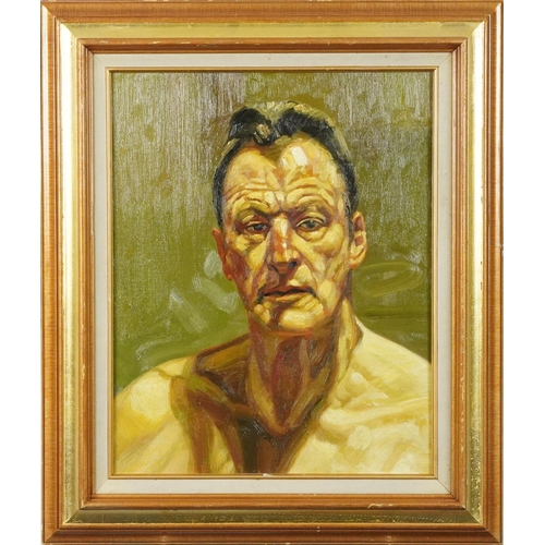 1245 - Head and shoulders portrait of Lucian Freud, Impressionist oil on board, mounted and framed, 50cm x ... 