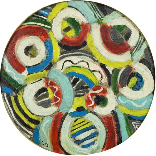 1229 - After Sonia Delaunay - Abstract composition, colourful shapes, Russian school circular oil, inscribe... 