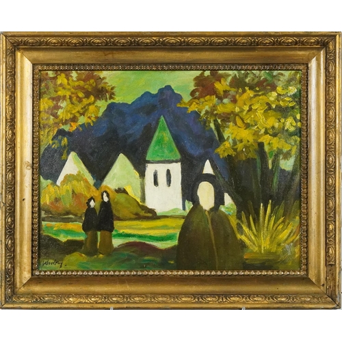 1212 - Manner of Markey Robinson - Figures before water before buildings, Irish school oil on board, framed... 