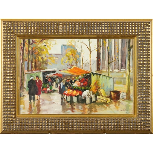 1183 - Manner of Edward Cortez - Parisian market, Impressionist oil on board, mounted and framed, 45cm x 30... 