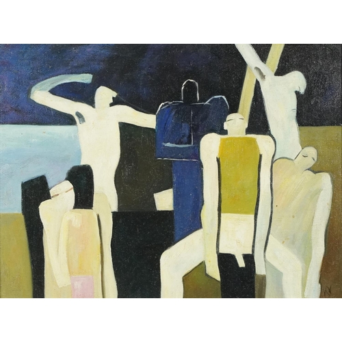 1152 - Manner of Keith Vaughan - Nude males, Welsh school oil on board, mounted and framed, 40cm x 30cm exc... 