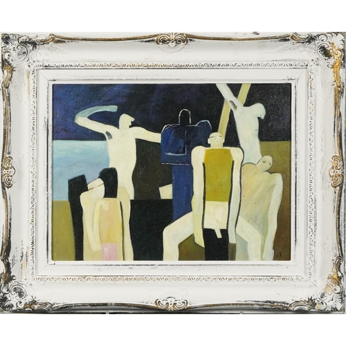 1152 - Manner of Keith Vaughan - Nude males, Welsh school oil on board, mounted and framed, 40cm x 30cm exc... 