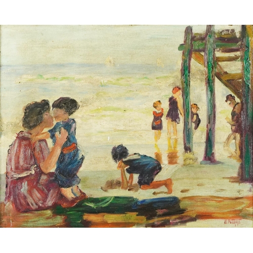 1087 - After Edward Henry Potthast - Beach scene with mother and children, American school oil on board, fr... 