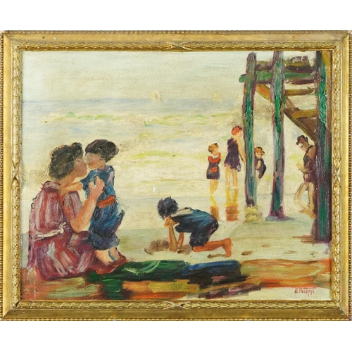 1087 - After Edward Henry Potthast - Beach scene with mother and children, American school oil on board, fr... 