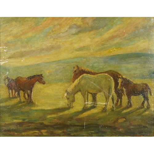 1123 - After Harry Fidler - Horses in a field, English school oil on board, mounted and framed, 56cm x 44cm... 