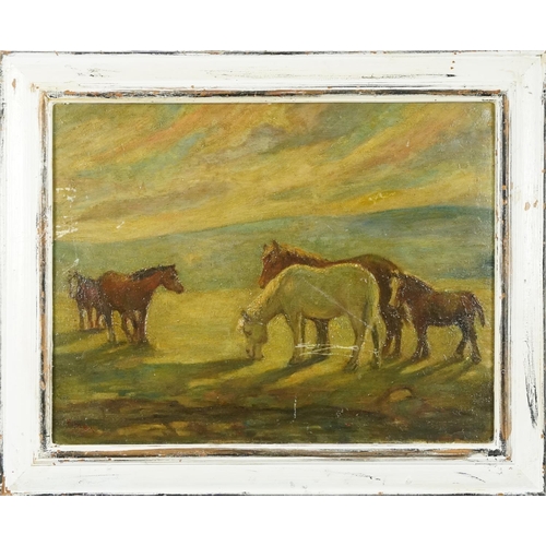 1123 - After Harry Fidler - Horses in a field, English school oil on board, mounted and framed, 56cm x 44cm... 