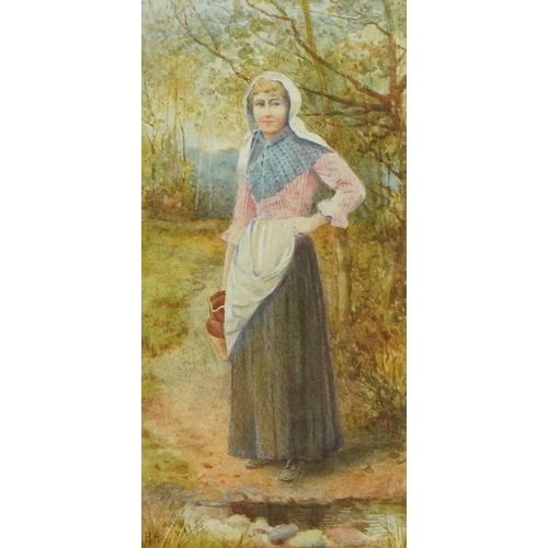Helen Allingham - Female in a landscape holding a jug, Pre-Raphaelite watercolour, inscribed label verso, mounted, framed and glazed, 12cm x 6cm excluding the mount and frame