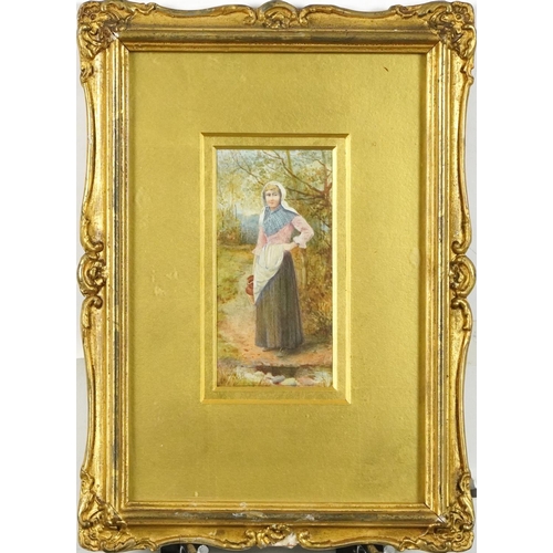 88 - Helen Allingham - Female in a landscape holding a jug, Pre-Raphaelite watercolour, inscribed label v... 