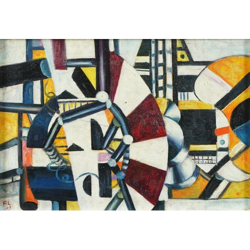 1463 - Manner of Fernand Leger - Abstract composition, French school oil on board, framed, 41cm x 29cm excl... 