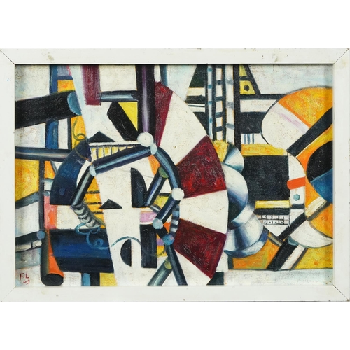 1463 - Manner of Fernand Leger - Abstract composition, French school oil on board, framed, 41cm x 29cm excl... 