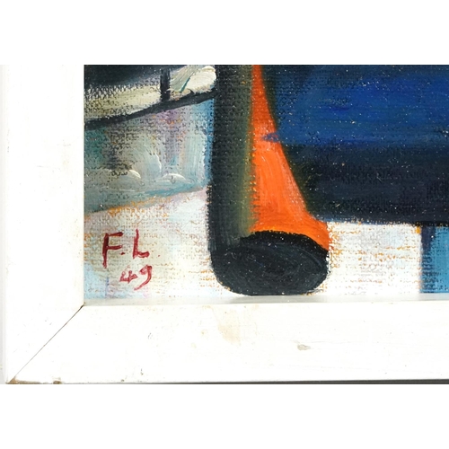 1463 - Manner of Fernand Leger - Abstract composition, French school oil on board, framed, 41cm x 29cm excl... 