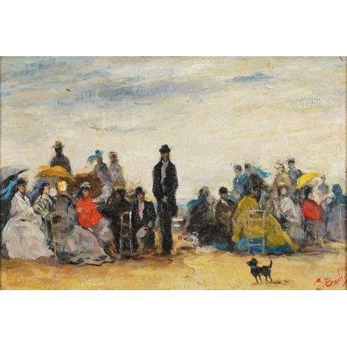 1432 - Busy beach scene, French Impressionist oil on canvas, mounted and framed, 29cm x 19.5cm excluding th... 