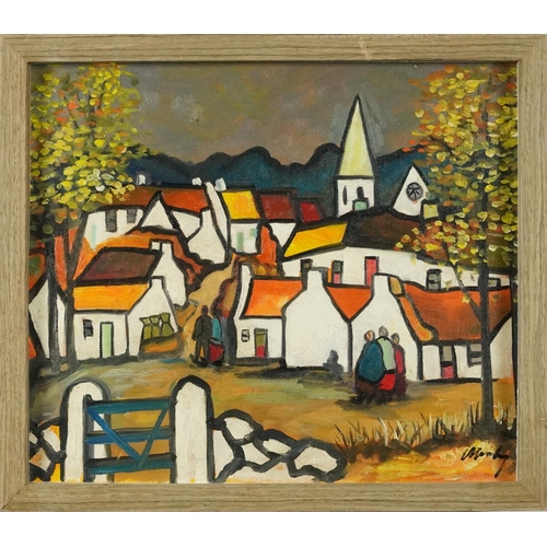 1388 - Manner of Markey Robinson - Figures before cottages, Irish school oil on board, framed, 35cm x 30cm ... 