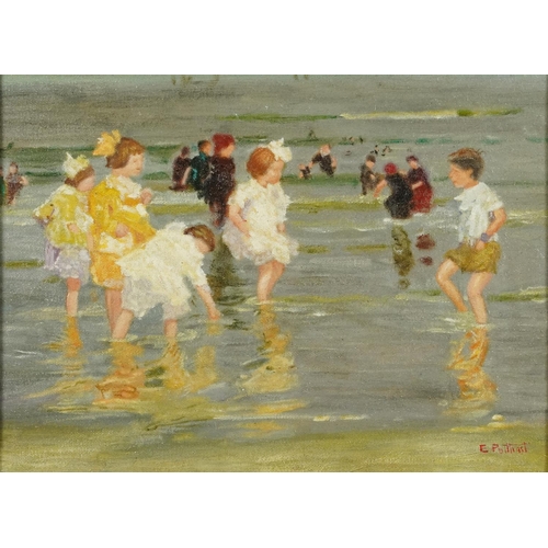 1293 - After Edward Henry Potthast - Beach scene with children, American school oil on board, mounted and f... 