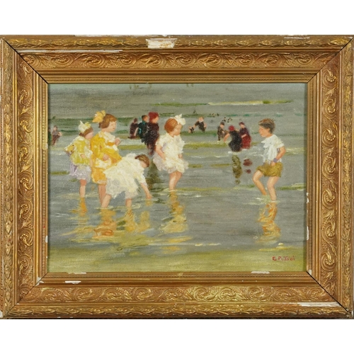 1293 - After Edward Henry Potthast - Beach scene with children, American school oil on board, mounted and f... 