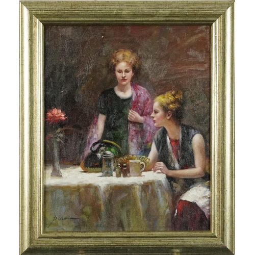 1308 - After Pina Daeni - Two females in an interior, Italian school oil on board, framed, 34cm x 27.5cm ex... 