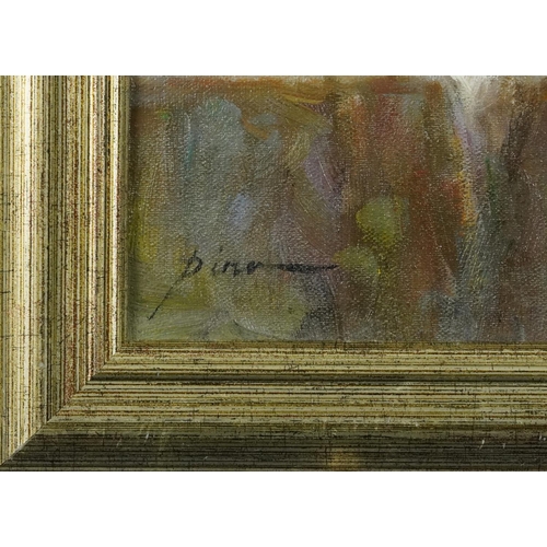 1308 - After Pina Daeni - Two females in an interior, Italian school oil on board, framed, 34cm x 27.5cm ex... 