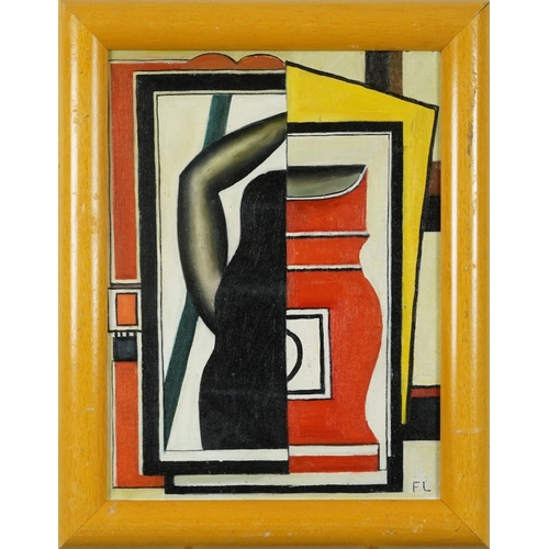 1327 - Manner of Fernand Leger - Abstract composition, French school oil on board, framed, 39cm x 29cm excl... 