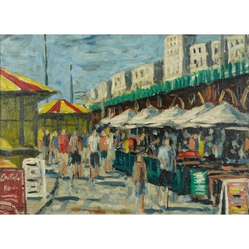 89 - Manner of Sylvia Gosse - Busy market scene, Camden school oil on board, mounted and framed, 54cm x 3... 