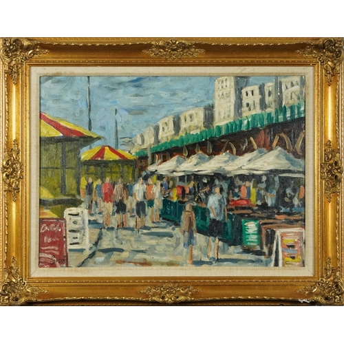 89 - Manner of Sylvia Gosse - Busy market scene, Camden school oil on board, mounted and framed, 54cm x 3... 