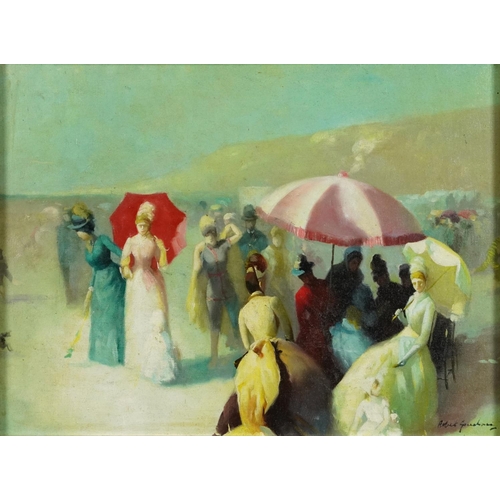 1056 - Busy beach scene, continental school oil on board, mounted and framed, 55.5cm x 41.5cm excluding the... 