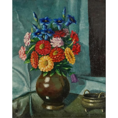 1027 - Manner of Herbert Davis Richter - Still life flowers and vessels, post war British oil on board, mou... 