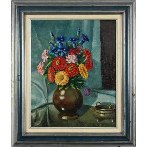 1027 - Manner of Herbert Davis Richter - Still life flowers and vessels, post war British oil on board, mou... 