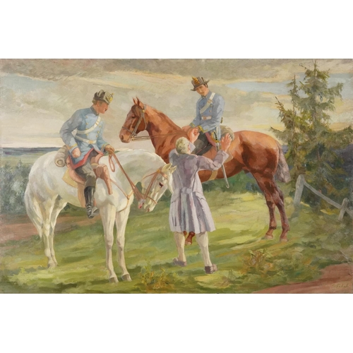 575 - Manner of August Wedel - Soldiers on horseback, German school oil on board, unframed, 120cm x 80.5cm