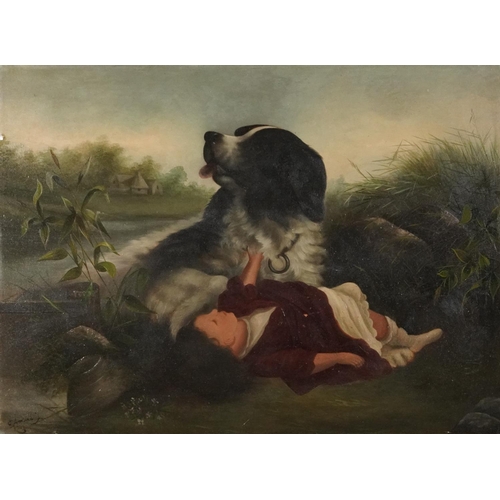 213 - After Edward Landseer - Spaniel with child in a landscape, 19th century style oil on board bearing a... 