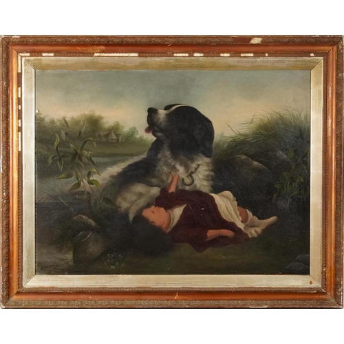 213 - After Edward Landseer - Spaniel with child in a landscape, 19th century style oil on board bearing a... 