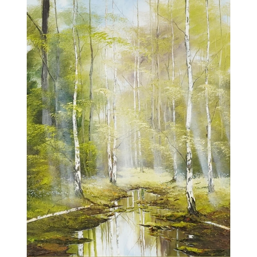 1089 - Reflection on muddy rain puddle in woodland, impasto oil on canvas, mounted and framed 74.5cm x 60cm... 