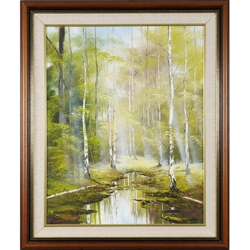 1089 - Reflection on muddy rain puddle in woodland, impasto oil on canvas, mounted and framed 74.5cm x 60cm... 