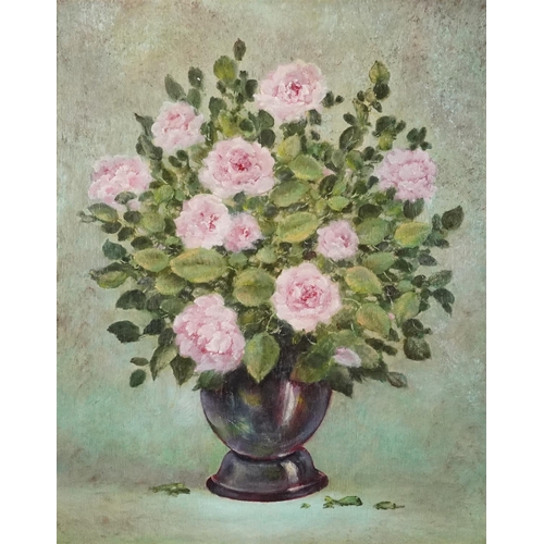 593 - E Verne - Still life flowers in a vase, contemporary oil on board, mounted and framed, 48.5cm x 38.5... 