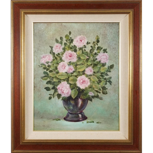 593 - E Verne - Still life flowers in a vase, contemporary oil on board, mounted and framed, 48.5cm x 38.5... 