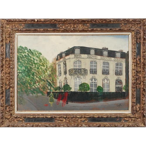 42 - Paul Lucien Dessau - London street scene, oil on board, mounted and framed, 54cm x 37cm excluding th... 