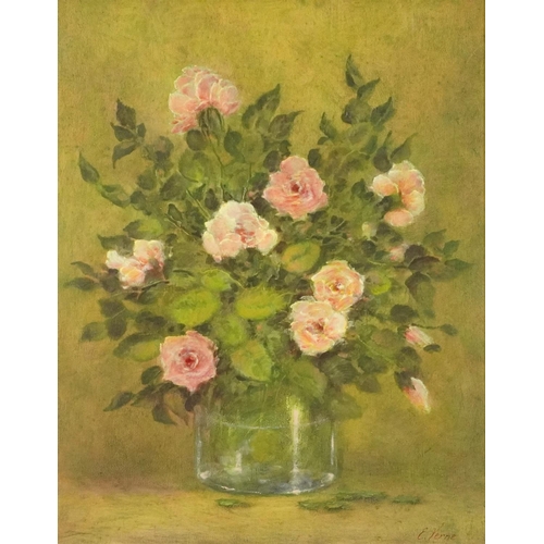 594 - E Verne - Still life flowers in a glass vase, contemporary oil on board, mounted and framed, 48.5cm ... 