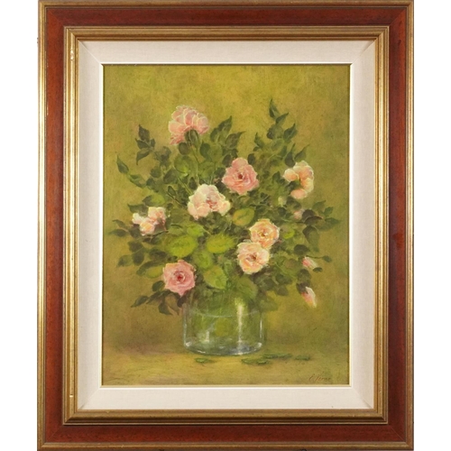 594 - E Verne - Still life flowers in a glass vase, contemporary oil on board, mounted and framed, 48.5cm ... 