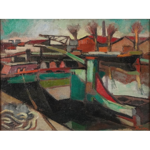 65 - Albert Flocon - Abstract composition, canal scene, German school oil on canvas, details verso, mount... 