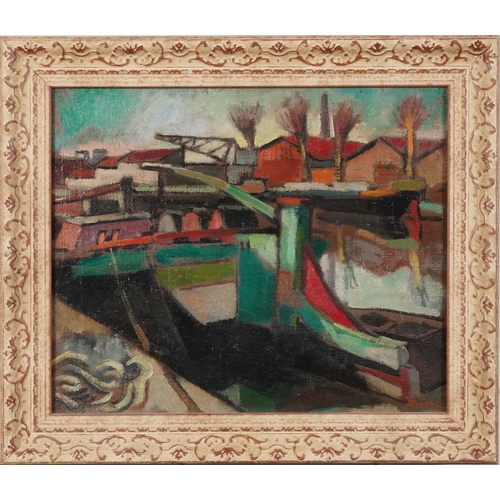 65 - Albert Flocon - Abstract composition, canal scene, German school oil on canvas, details verso, mount... 