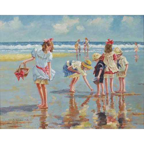 290 - J Hamilton - Beach scene with children playing, contemporary oil on panel, mounted and framed, 48cm ... 