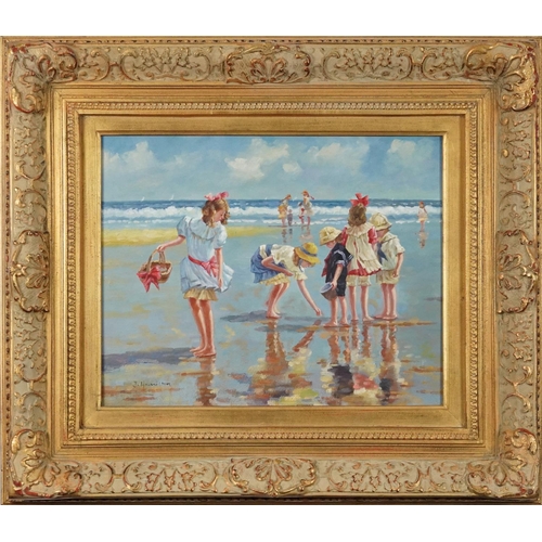 290 - J Hamilton - Beach scene with children playing, contemporary oil on panel, mounted and framed, 48cm ... 