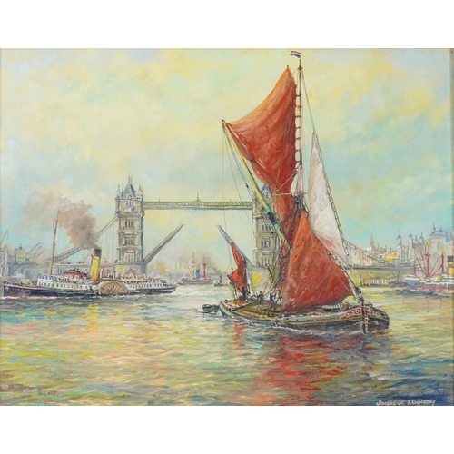 699 - Andrew Kennedy - The River Thames with London Bridge and paddle steamer, contemporary oil on canvas,... 